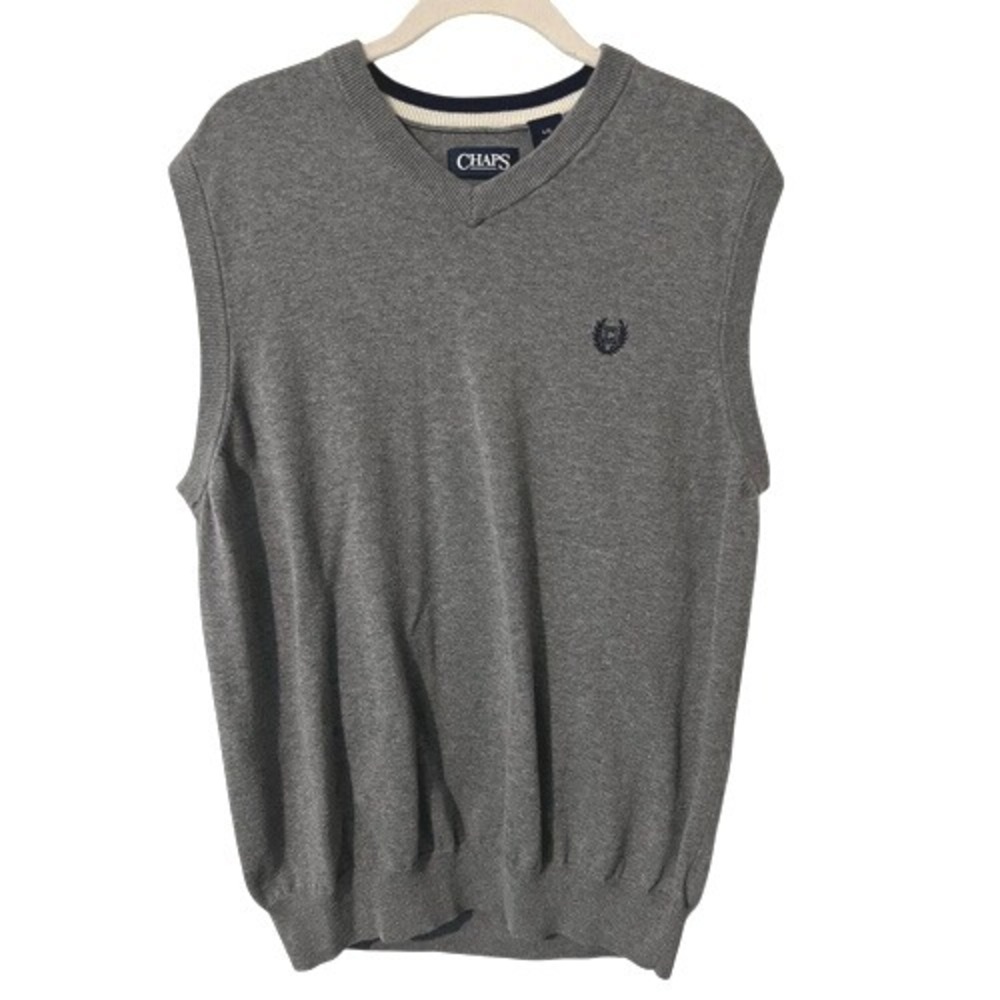 CHAPS Men's Sweater Vest Gray V Neck‎ Large 100% Cotton Grandpa Preppy